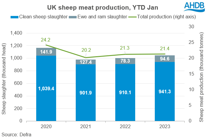 Graph showing UK sheep meat production in January marginally up YOY